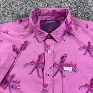 Retro Rifle Shirt Mens L Pink Saws Macaws AOP Hawaiian Tropical Button Up